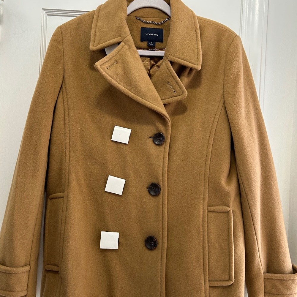 NWOT Women's Lands End Double-Breasted Tan Peacoat Size 14